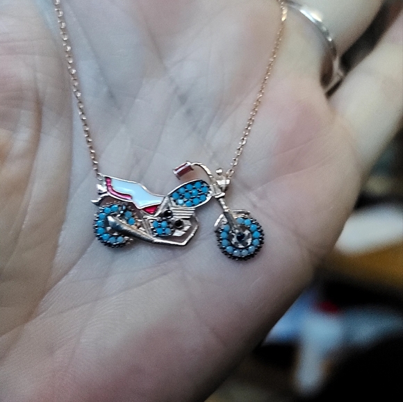 COPY - Turquoise & Onyx enamel sterling & rose gold Motorcycle necklace 18" - Picture 8 of 9